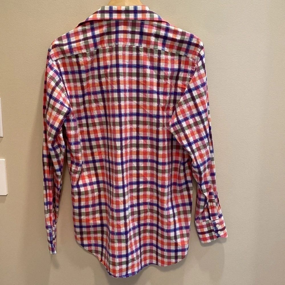 Thomas Dean Plaid Button Down Pima Cotton L/S Shirt Contrasting Cuffs Size M